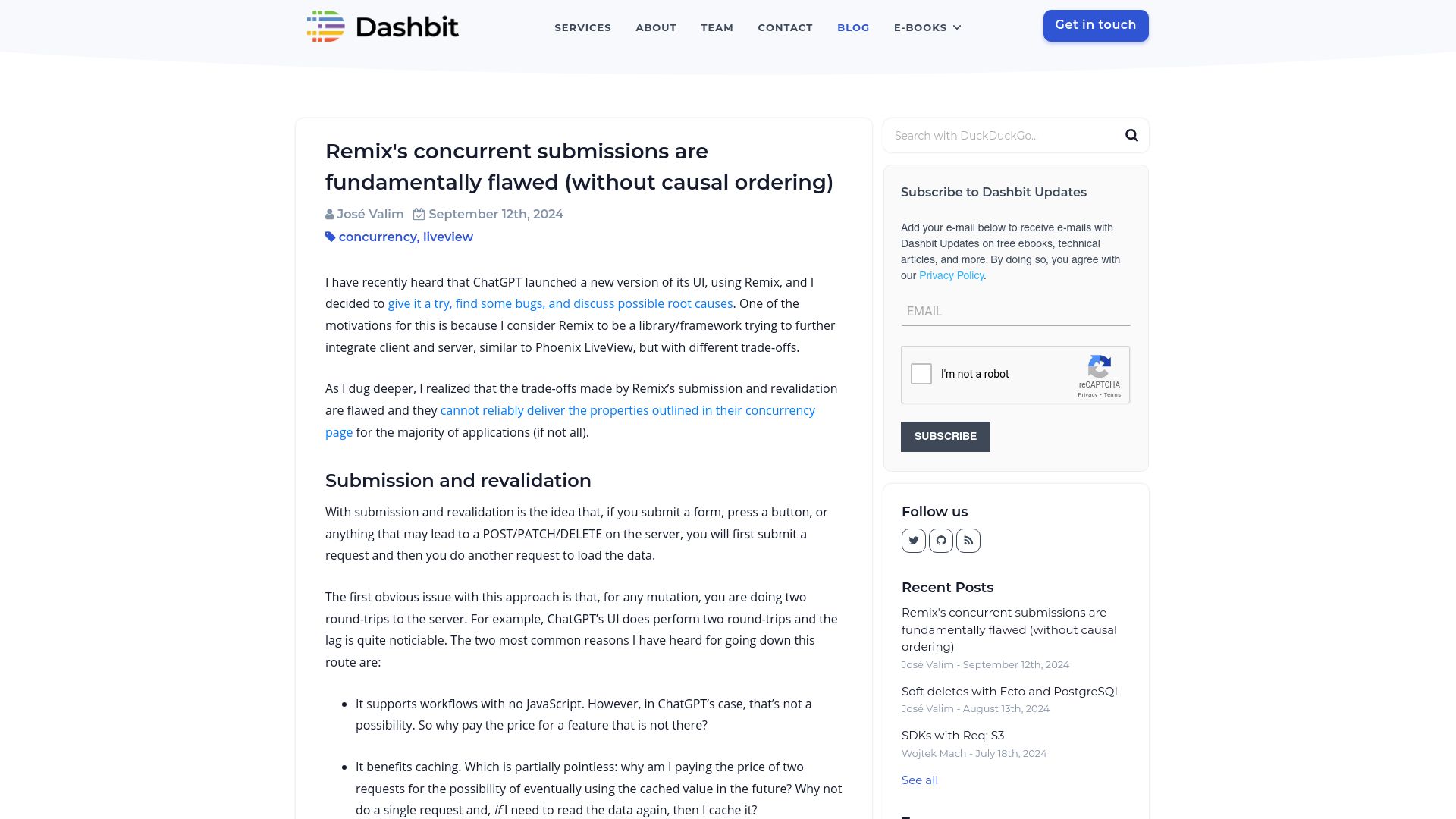 Screenshot of dashbit.co: Remix's concurrent submissions are fundamentally flawed