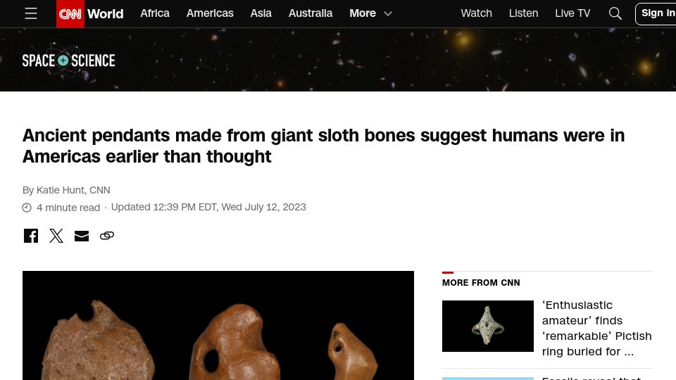 Screenshot of cnn.com: Giant sloth bone pendants suggest humans were in Americas earlier than thought