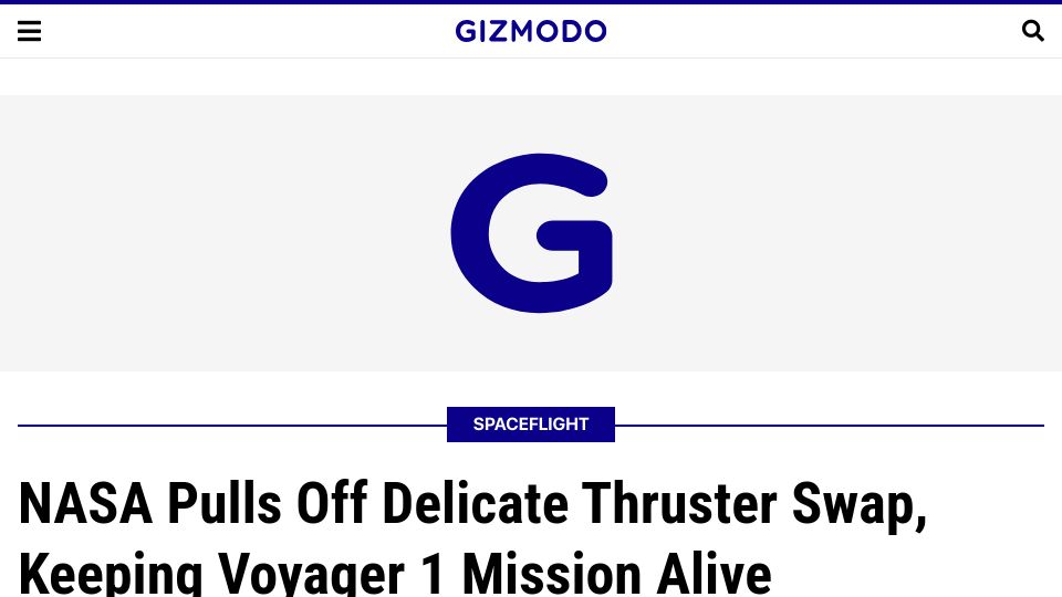 Screenshot of gizmodo.com: NASA Pulls Off Delicate Thruster Swap, Keeping Voyager 1 Mission Alive