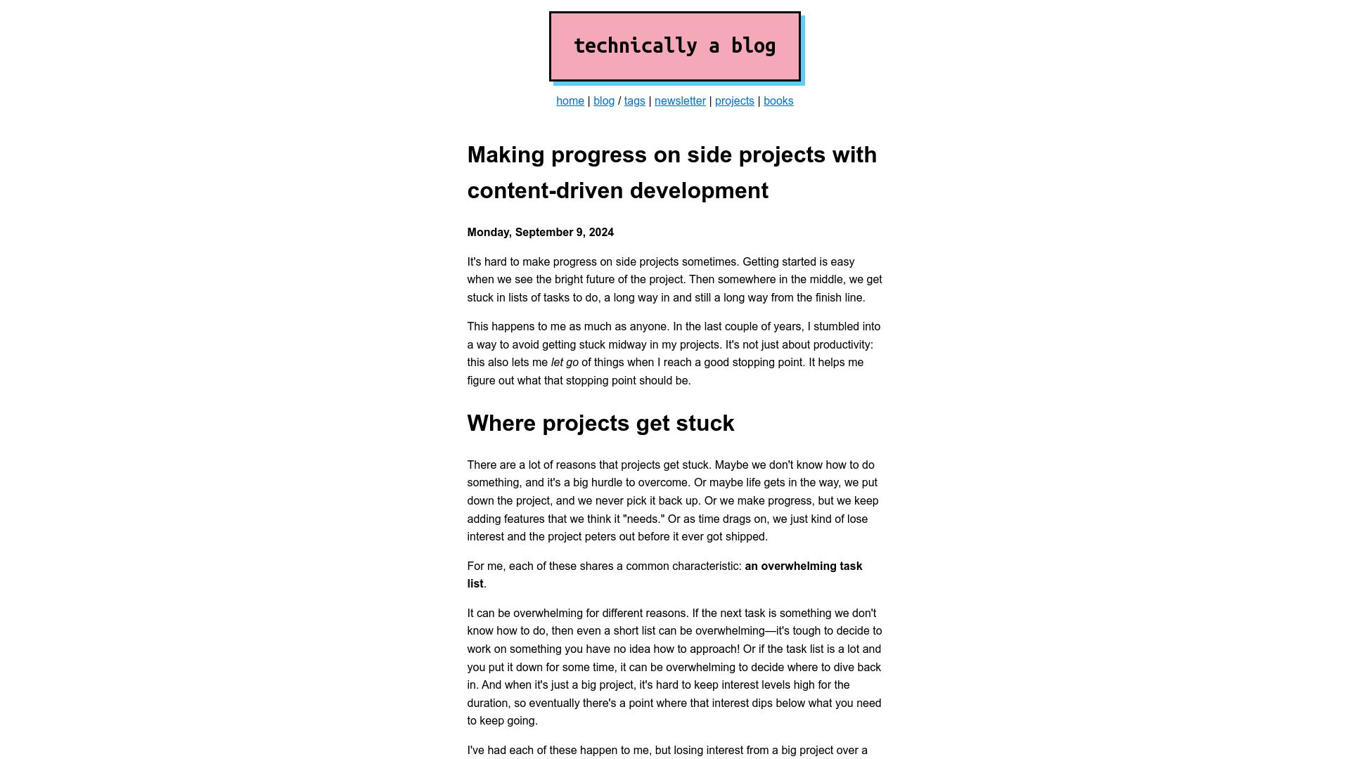Screenshot of ntietz.com: Making progress on side projects with content-driven development