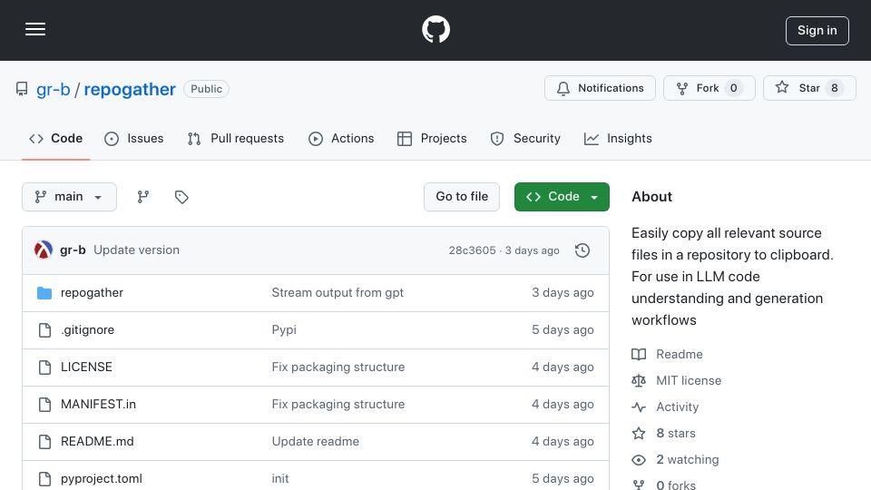 Screenshot of github.com: Show HN: Repogather – copy relevant files to clipboard for LLM coding workflows