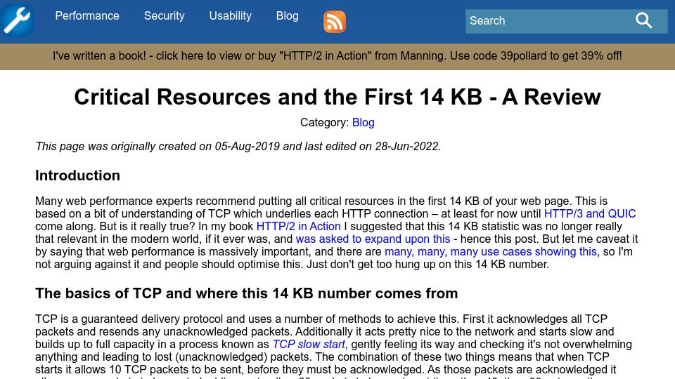 Screenshot of tunetheweb.com: Critical Resources and the First 14 KB (2022)
