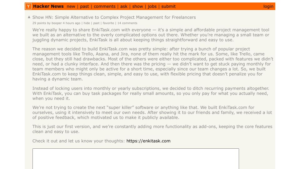 Screenshot of Hacker News post: Show HN: Simple Alternative to Complex Project Management for Freelancers