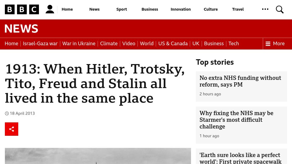 Screenshot of bbc.com: 1913: When Hitler, Trotsky, Tito, Freud and Stalin all lived in the same place