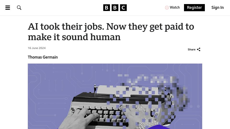 Screenshot of bbc.com: AI took their jobs. Now they get paid to make it sound human