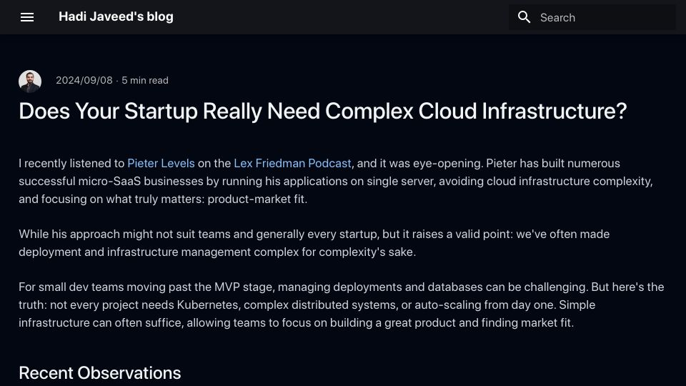 Screenshot of hadijaveed.me: Does your startup need complex cloud infrastructure?