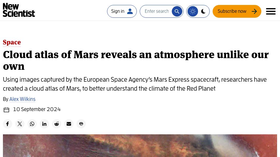 Screenshot of newscientist.com: Cloud atlas of Mars reveals an atmosphere unlike our own