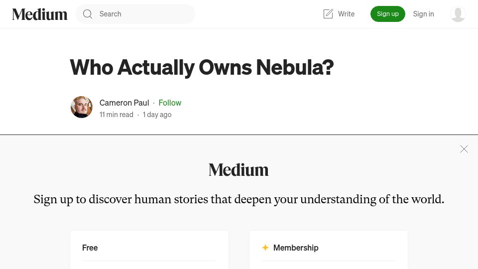 Screenshot of medium.com: Who Owns Nebula?