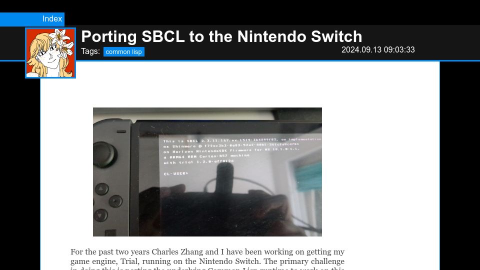Screenshot of reader.tymoon.eu: Porting SBCL to the Nintendo Switch