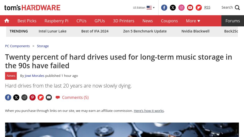 Screenshot of tomshardware.com: 20% of hard drives used for long-term music storage in the 90s have failed