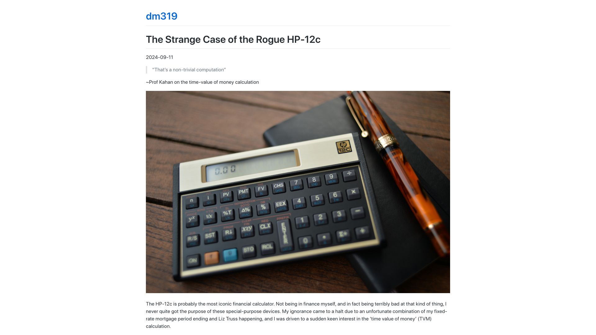 Screenshot of dm319.github.io: The Strange Case of the Rogue HP-12c Calculator