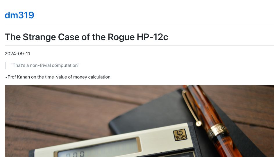 Screenshot of dm319.github.io: The Strange Case of the Rogue HP-12c Calculator