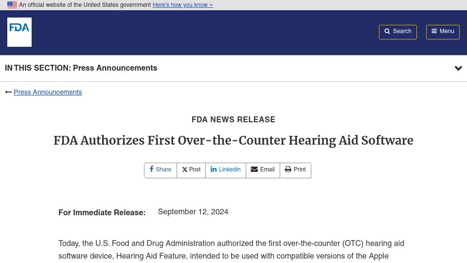 Screenshot of fda.gov: FDA Authorizes First Over-the-Counter Hearing Aid Software