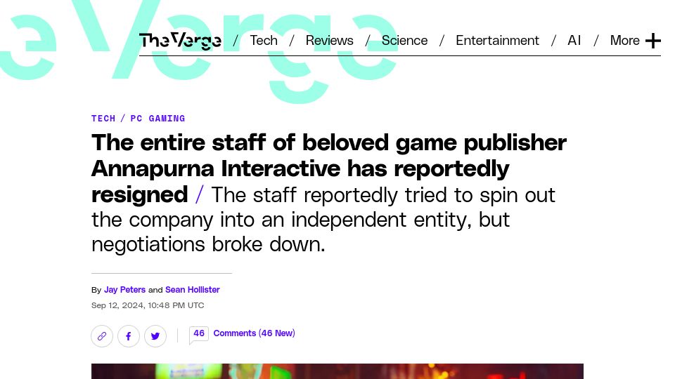 Screenshot of theverge.com: Entire staff of game publisher Annapurna Interactive has reportedly resigned