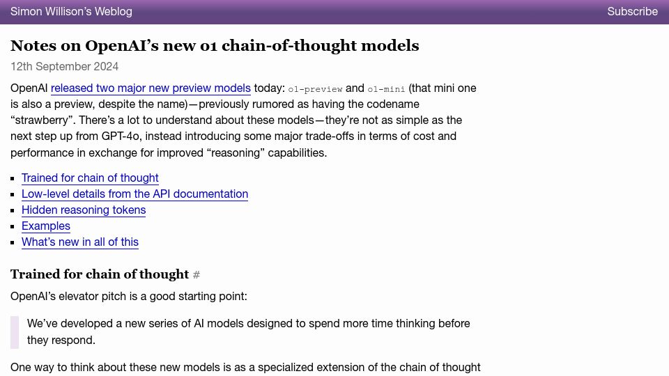 Screenshot of simonwillison.net: Notes on OpenAI's new o1 chain-of-thought models