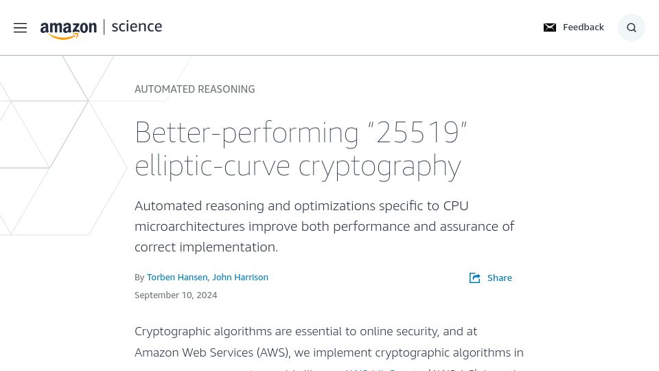 Screenshot of amazon.science: Better-performing “25519” elliptic-curve cryptography