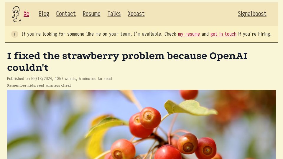 Screenshot of xeiaso.net: I fixed the strawberry problem because OpenAI couldn't