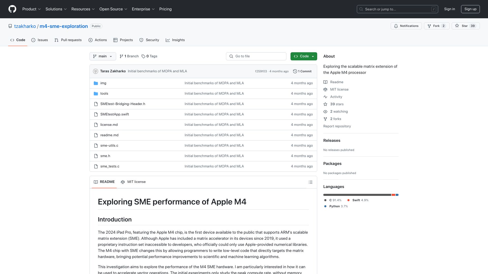 Screenshot of github.com: Exploring the scalable matrix extension of the Apple M4 processor