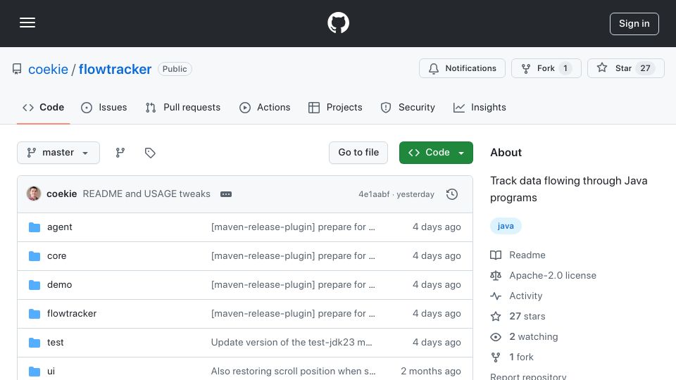 Screenshot of github.com: Show HN: FlowTracker – Track data flowing through Java programs