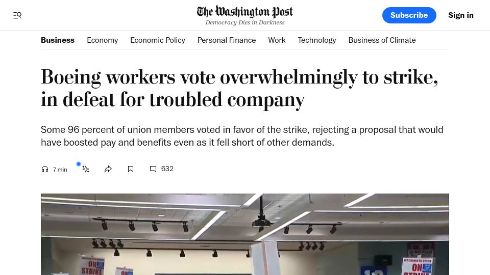 Screenshot of washingtonpost.com: Boeing workers vote to strike
