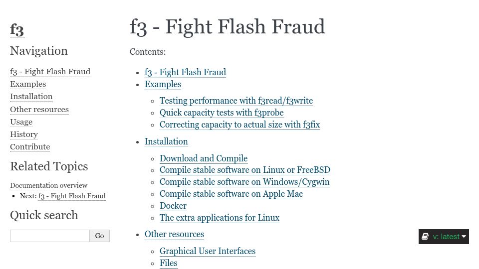 Screenshot of fight-flash-fraud.readthedocs.io: F3 – Fight Flash Fraud