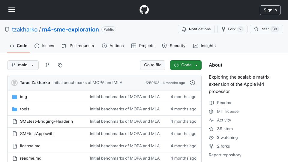 Screenshot of github.com: Exploring the scalable matrix extension of the Apple M4 processor