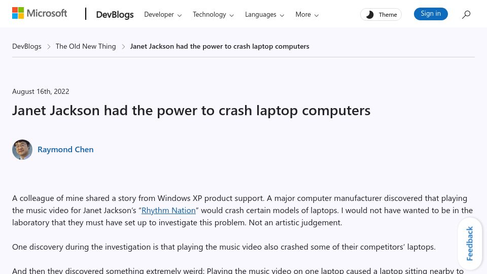Screenshot of devblogs.microsoft.com: Janet Jackson had the power to crash laptop computers (2022)
