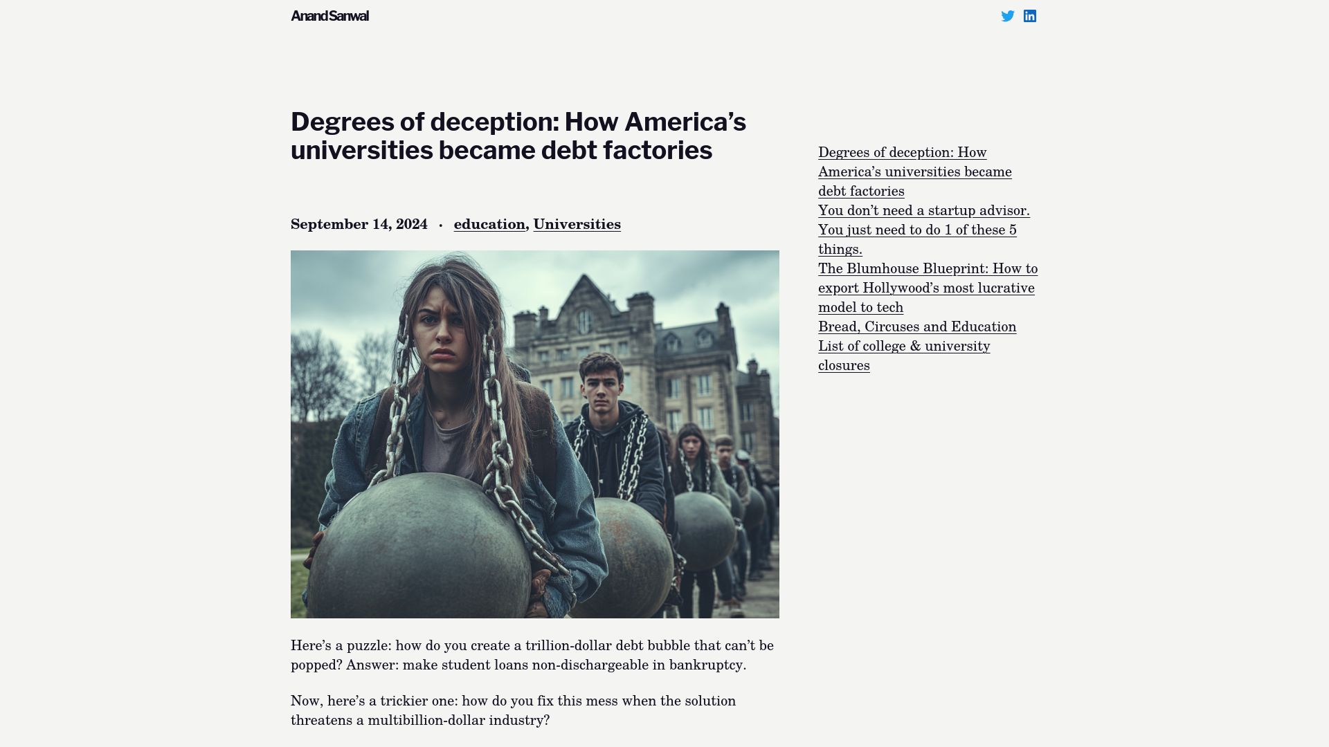 Screenshot of anandsanwal.me: How America's universities became debt factories