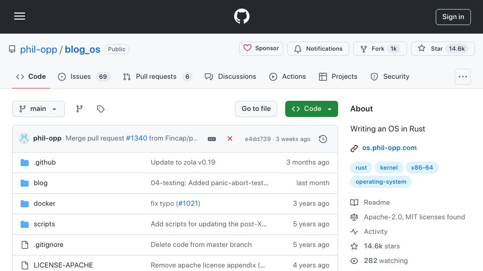 Screenshot of github.com: Writing an OS in Rust