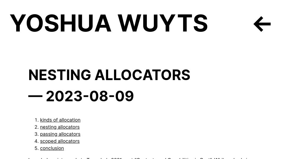 Screenshot of blog.yoshuawuyts.com: Nesting Allocators (2023)
