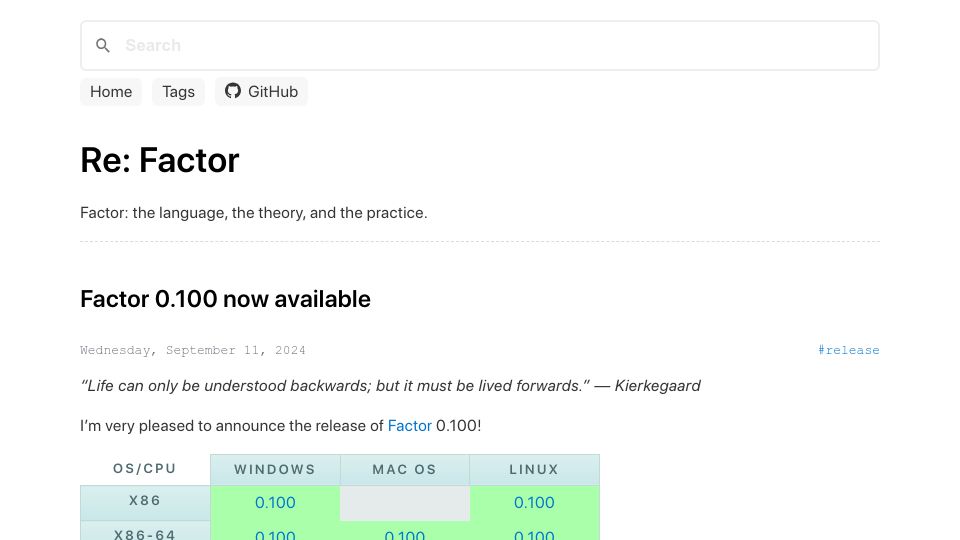 Screenshot of re.factorcode.org: Factor 0.100 Now Available