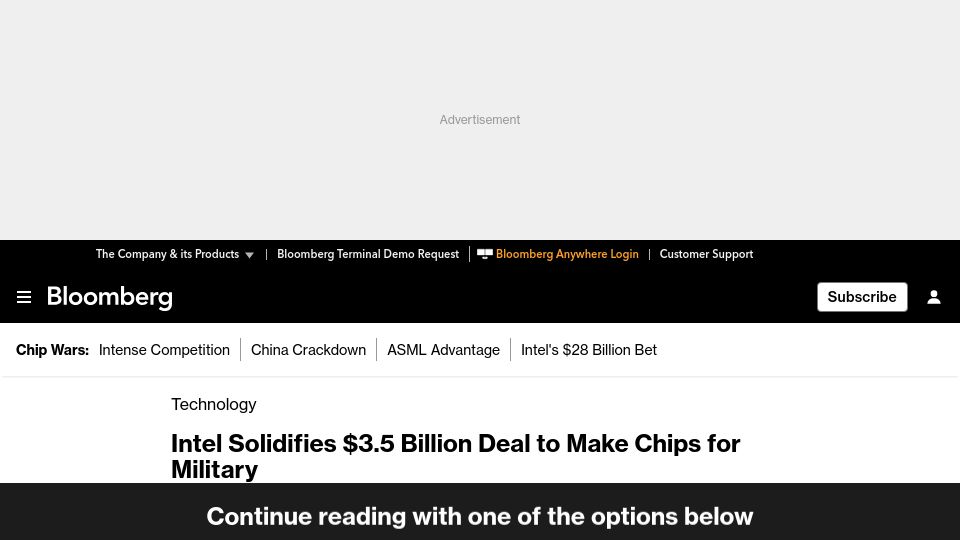 Screenshot of bloomberg.com: Intel Solidifies $3.5B Deal to Make Chips for Military