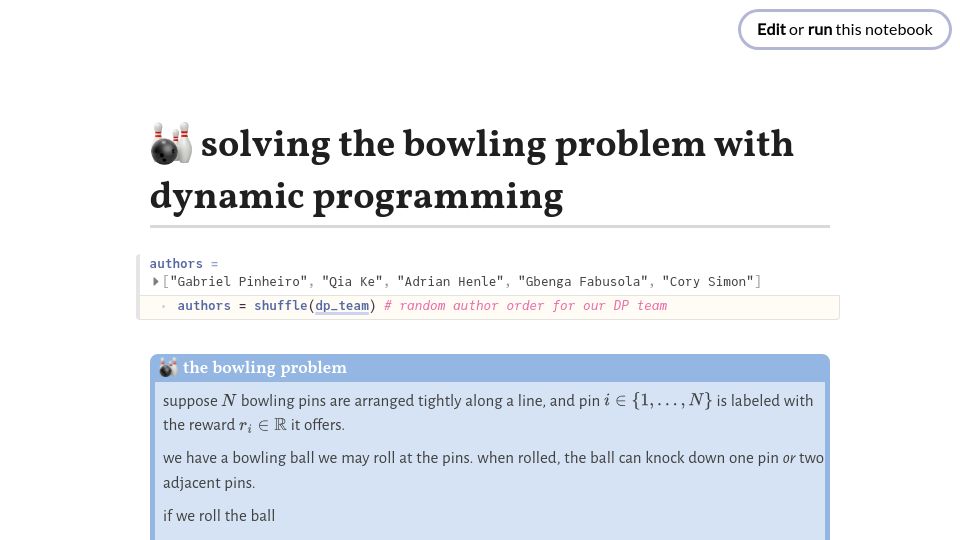 Screenshot of simonensemble.github.io: Solving the bowling problem with dynamic programming