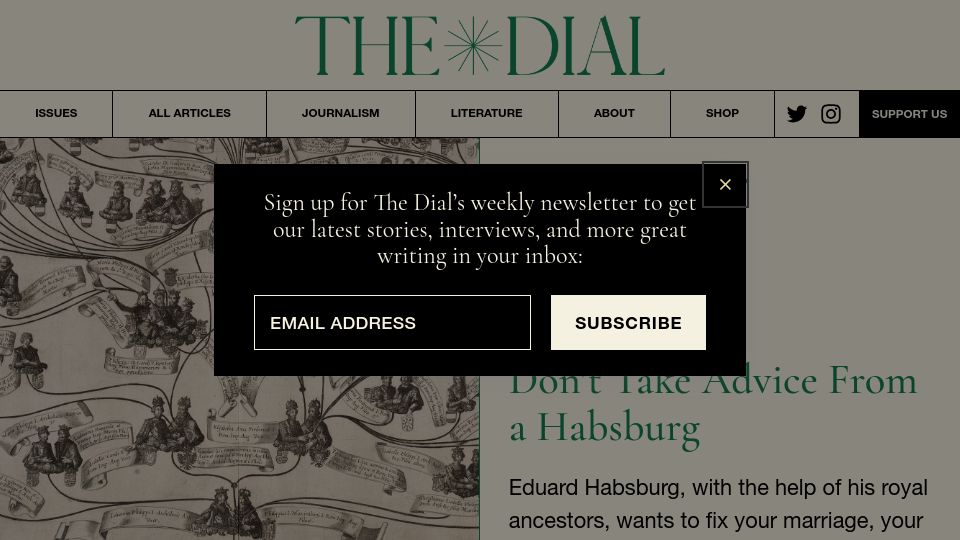 Screenshot of thedial.world: Don't Take Advice from a Habsburg