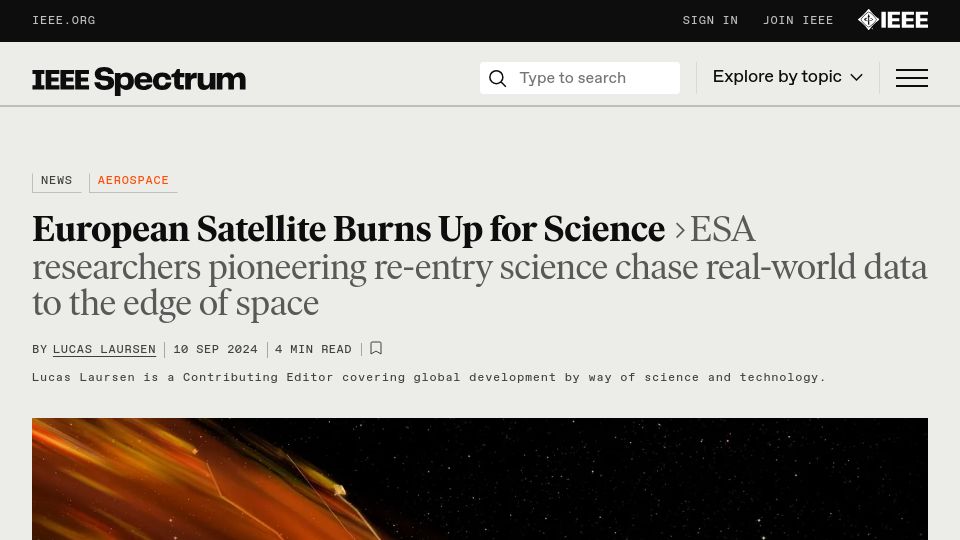 Screenshot of spectrum.ieee.org: European Satellite Burns Up for Science