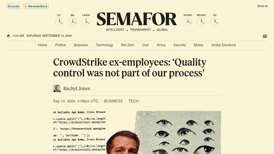 Screenshot of semafor.com: CrowdStrike ex-employees: 'Quality control was not part of our process'