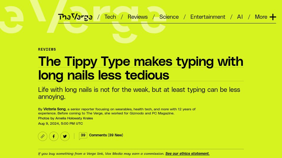 Screenshot of theverge.com: The Tippy Type makes typing with long nails less tedious