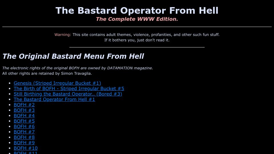 Screenshot of bofh.bjash.com: The Bastard Operator from Hell (1999)