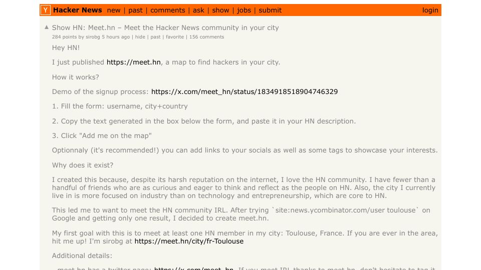 Screenshot of Hacker News post: Show HN: Meet.hn – Meet the Hacker News community in your city