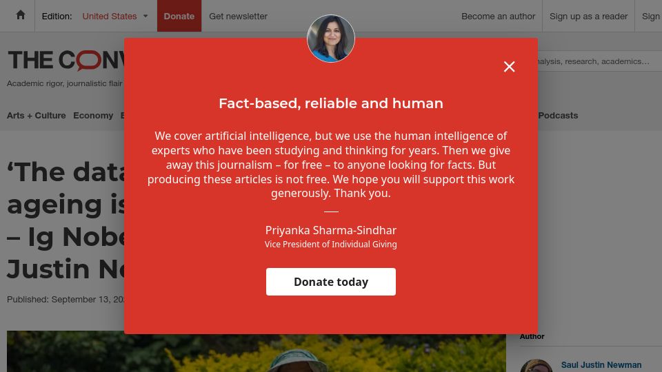 Screenshot of theconversation.com: The data on extreme human ageing is rotten from the inside out