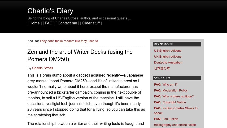 Screenshot of antipope.org: Zen and the Art of Writer Decks (Using the Pomera DM250)