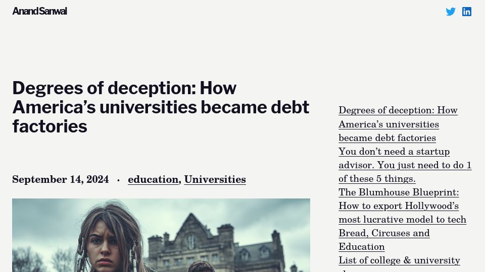 Screenshot of anandsanwal.me: How America's universities became debt factories