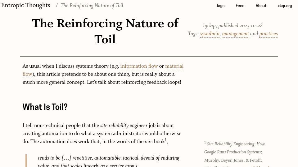 Screenshot of entropicthoughts.com: The Reinforcing Nature of Toil (2023)