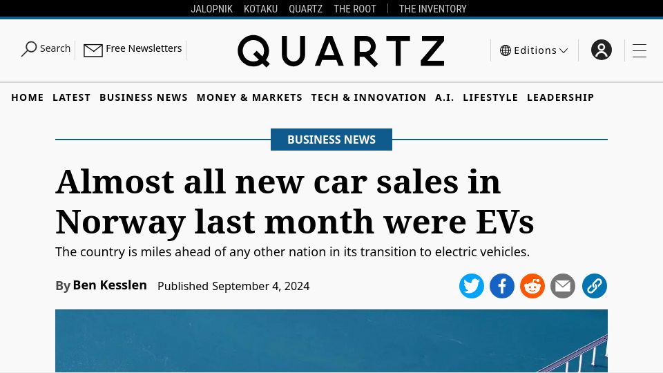 Screenshot of qz.com: Almost all new car sales in Norway last month were EVs