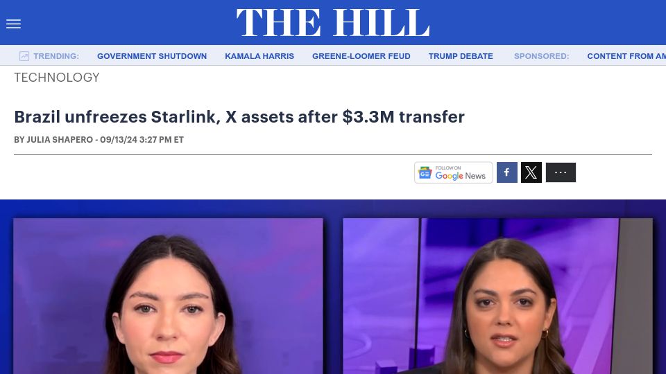 Screenshot of thehill.com: Brazil Supreme Court unfreezes X, Starlink's bank accounts after taking $3.3M