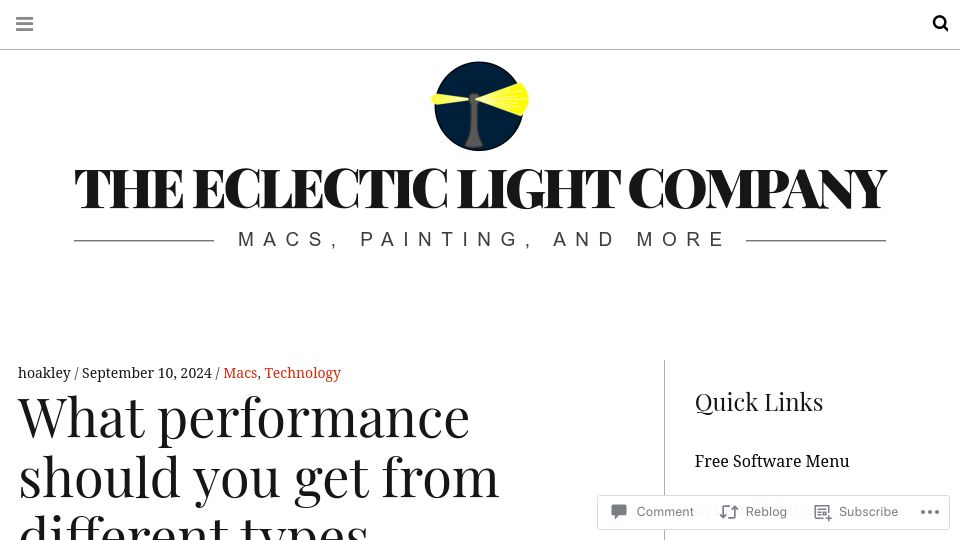 Screenshot of eclecticlight.co: What performance should you get from different types of storage?