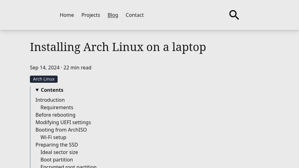 Screenshot of giacomo.coletto.io: Installing Arch Linux on a Laptop