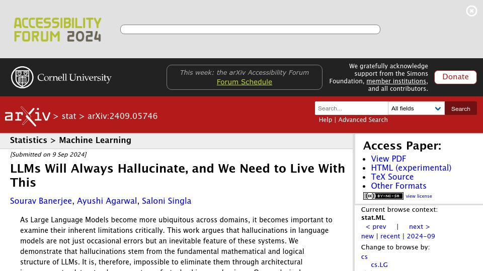 Screenshot of arxiv.org: LLMs Will Always Hallucinate, and We Need to Live with This