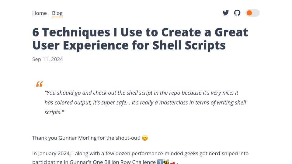 Screenshot of nochlin.com: Techniques I use to create a great user experience for shell scripts