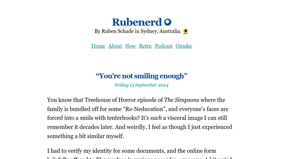 Screenshot of rubenerd.com: You're Not Smiling Enough
